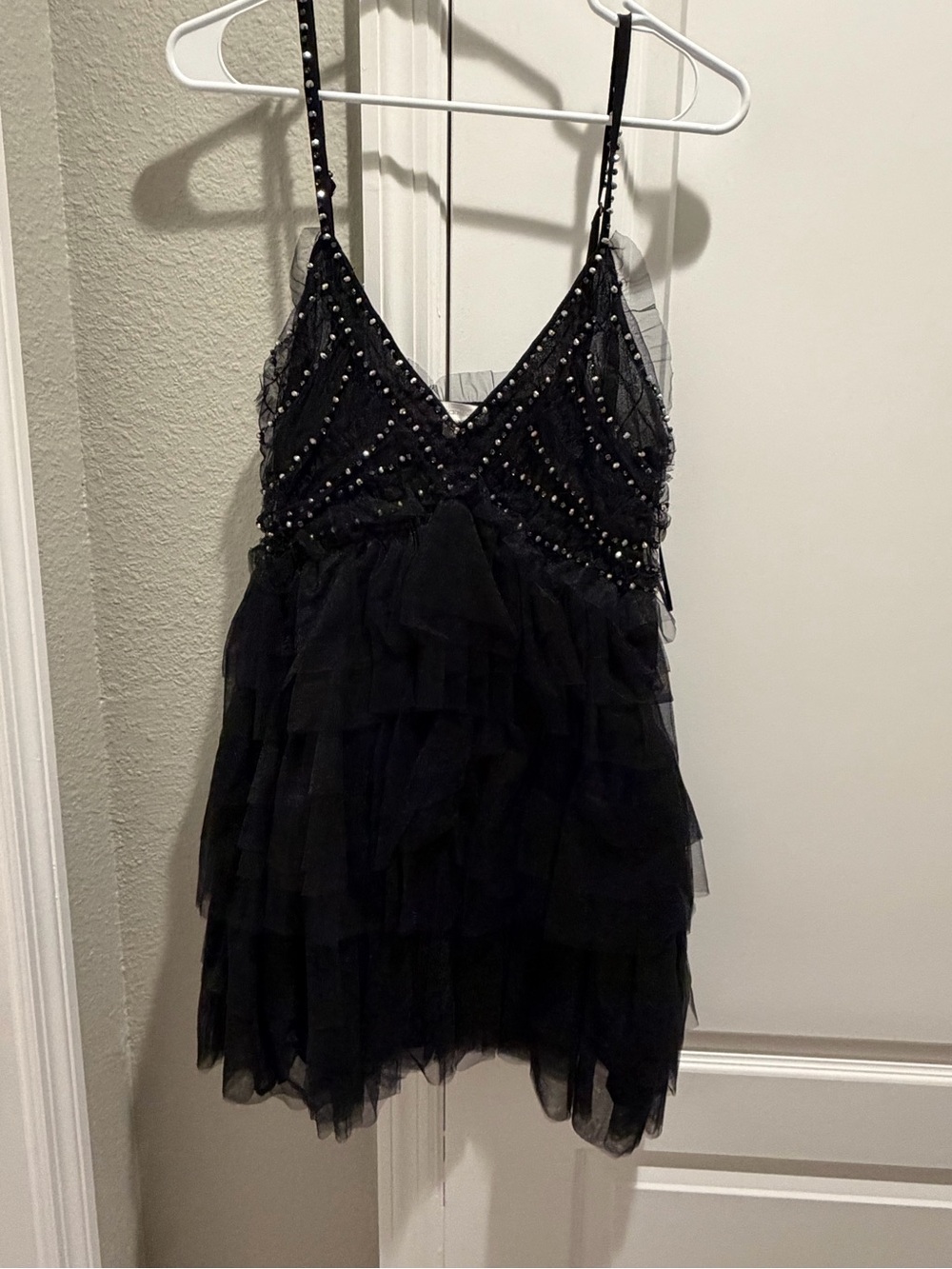 Black Beaded Ruffle Tulle Spaghetti Strap Top - Women - Picture 1 of 1
